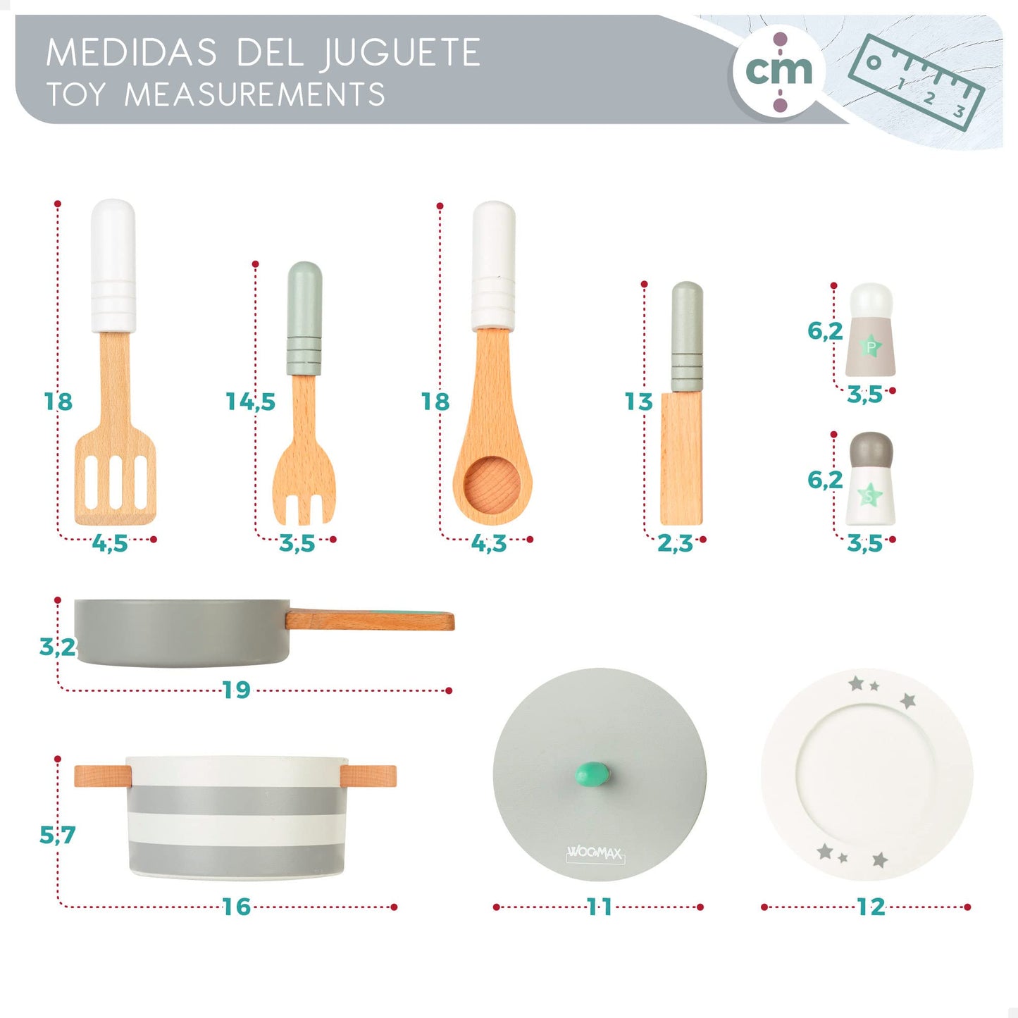 Woomax Set vase bucatarie din lemn, 12 piese, 2+ ani
