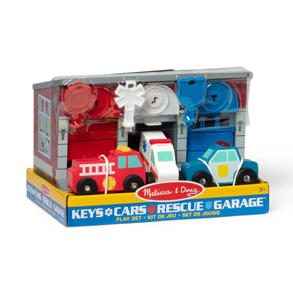 Melissa & Doug Garage de jucărie cu chei și vehicule de salvare din lemn 7 piese de la 3 ani