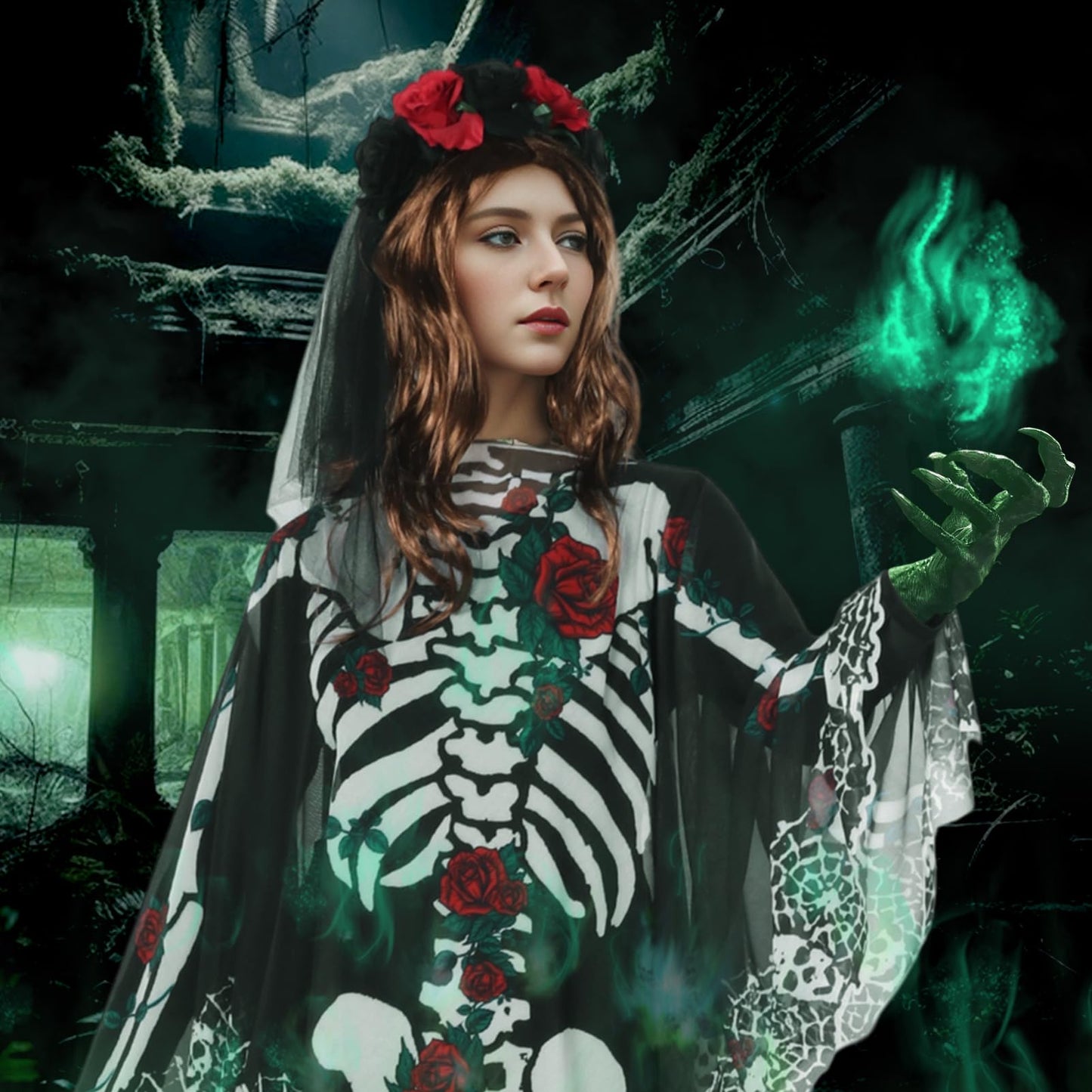 Poncho Skelett HarnyLoom pentru femei, Halloween, cu voal din dantelă, ziua morților, mantou roz și negru, accesorii goth, tatuaje pentru față, carnaval, cosplay.