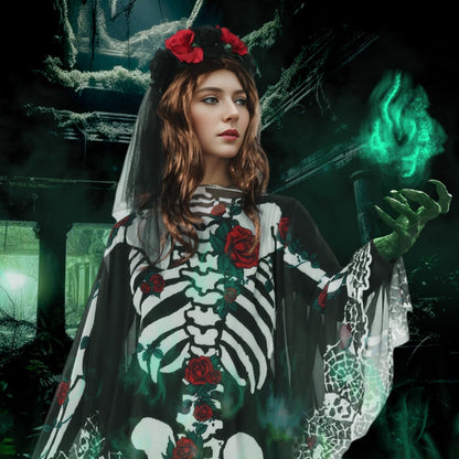 Poncho Skelett HarnyLoom pentru femei, Halloween, cu voal din dantelă, ziua morților, mantou roz și negru, accesorii goth, tatuaje pentru față, carnaval, cosplay.