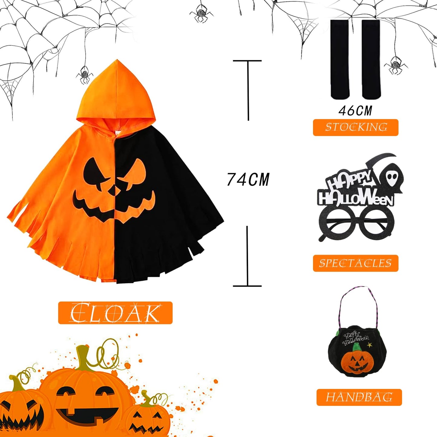 Jingtops Costum Halloween Pelerină Dovleac, 3-12 ani