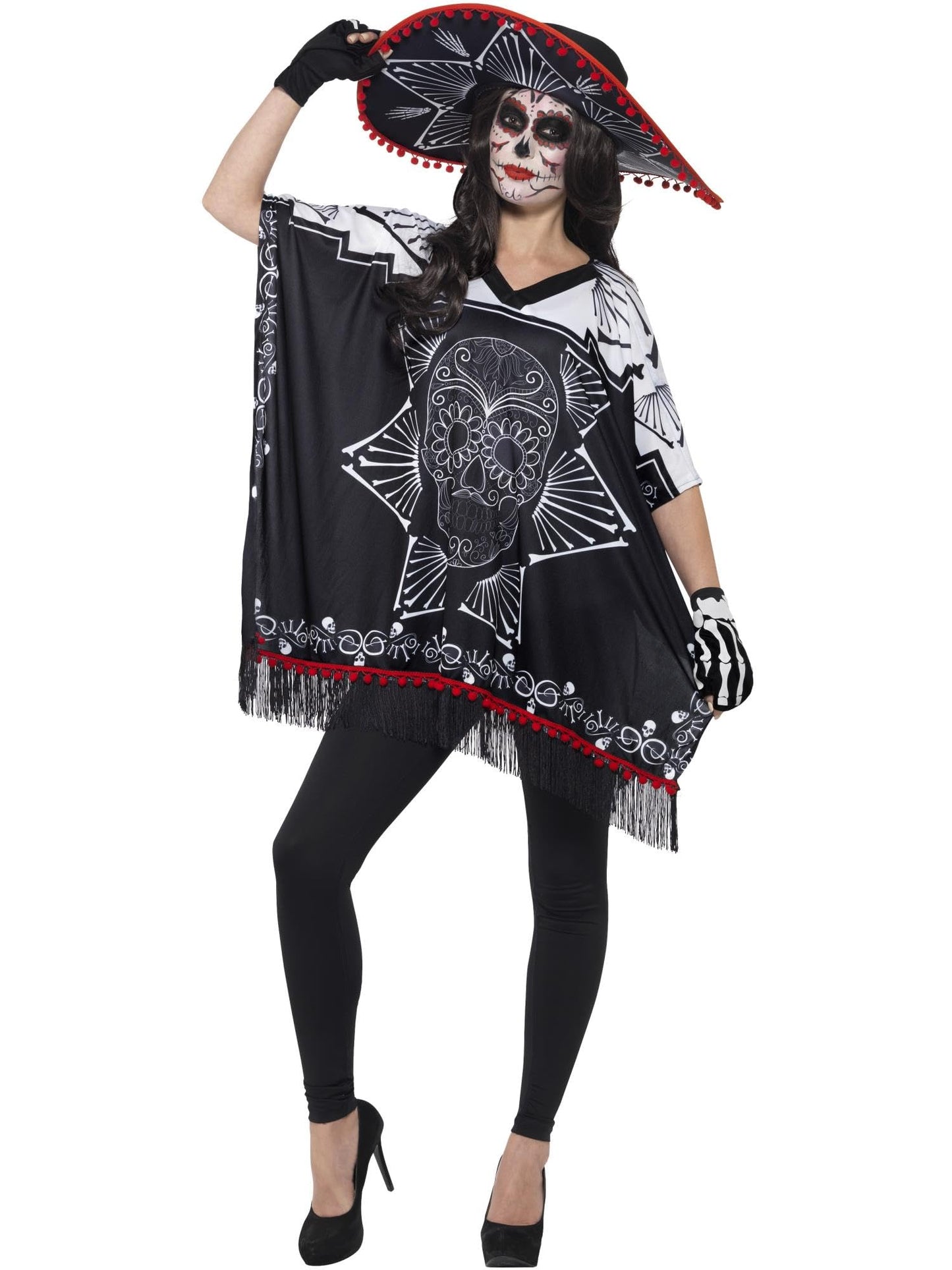 Smiffys Tag der Toten Costum Bandit pentru Bărbați cu Poncho, Sombrero și Mănuși, Negru și Alb, One Size