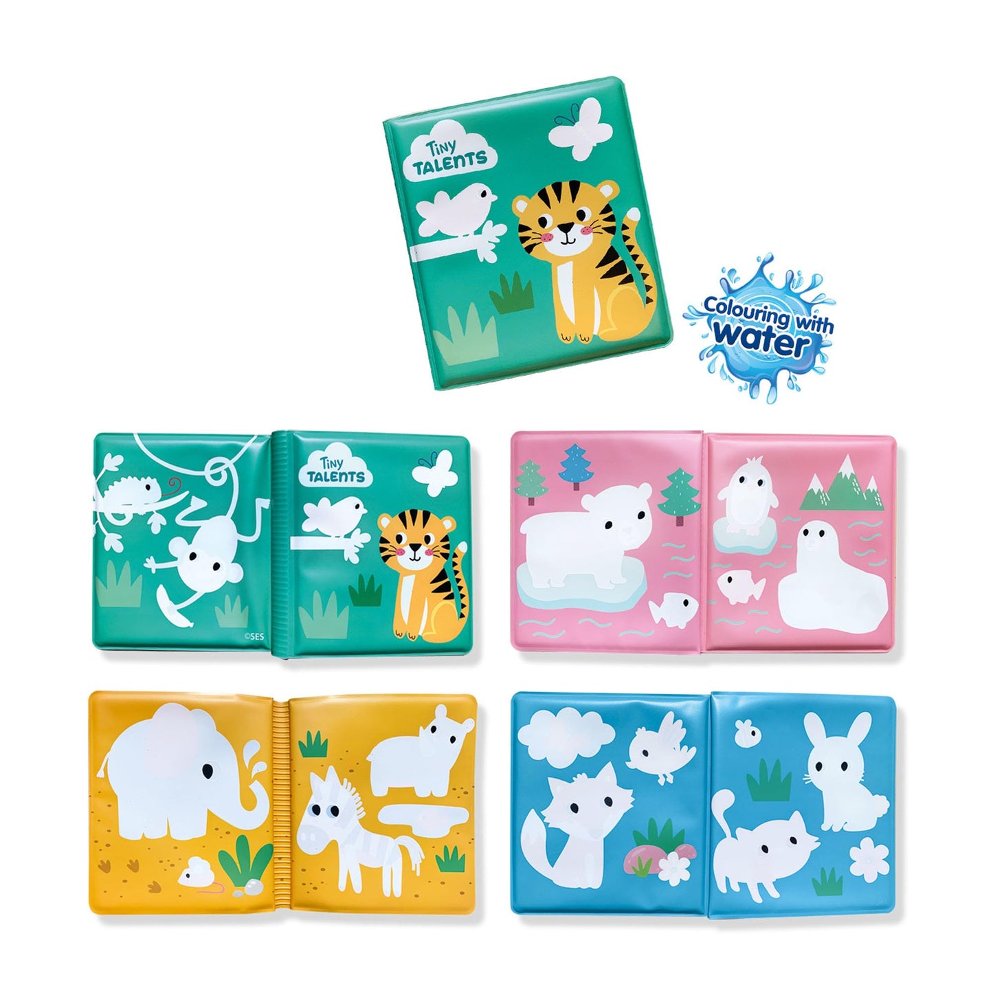 SES Creative Tiny Talents Carte de baie magică pentru bebeluși Carte de colorat cu apă 8 pagini reutilizabilă fără PVC cadou de la 6 luni