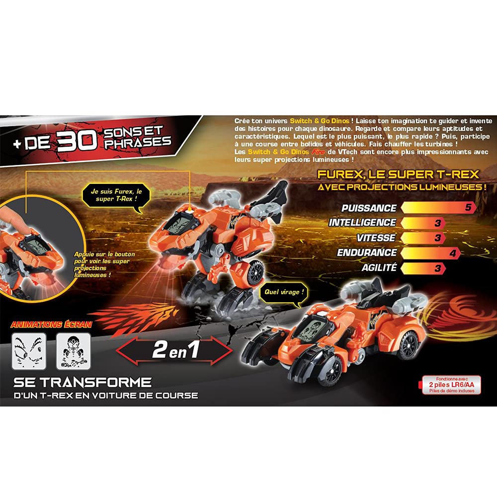 VTech Switch & Go Dinos Furex, T-Rex 2-in-1 cu sunete, jucărie transformabilă în mașină de curse, proiecții luminoase, cadou pentru copii de la 4 ani