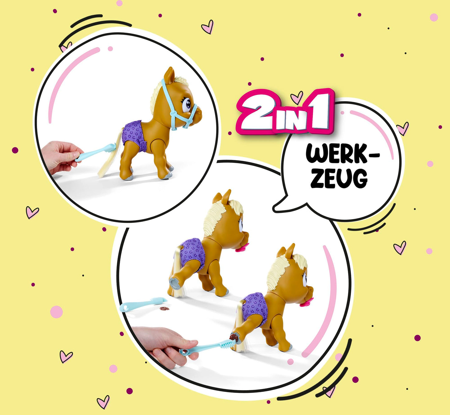 Simba 105950009 Set de joacă Pony Pamper Petz 24 cm cu funcție de băut și udare, mânz cu coadă pieptănabilă, schimbare culoare, animal de companie cu scutec, 11 surprize, pentru fete și băieți de la 3 ani
