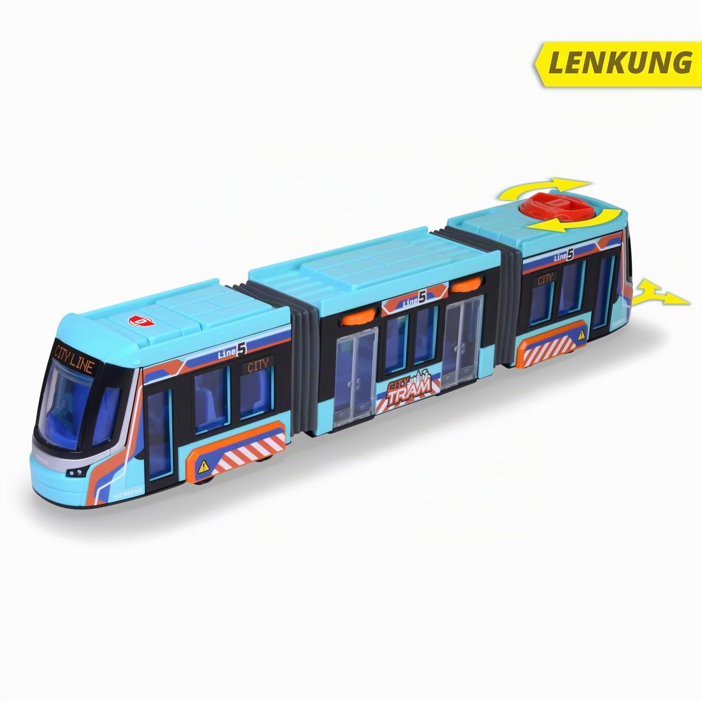 Dickie Toys City Tram Tramvai Jucărie 41,5 cm cu roți libere, direcție și uși care se deschid de la 3 ani