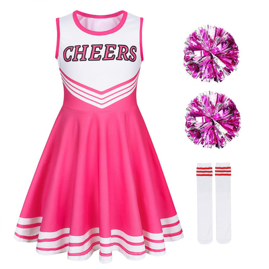 Berich Costum de Cheerleader pentru Copii, deghizare cu Pompoane, Șosete, Costume de Prințesă pentru Fete, Uniformă de Halloween, Îmbrăcăminte Termică pentru Petreceri, Fete, Costum de Cheerleader, Roz, 10–11 Ani, 150