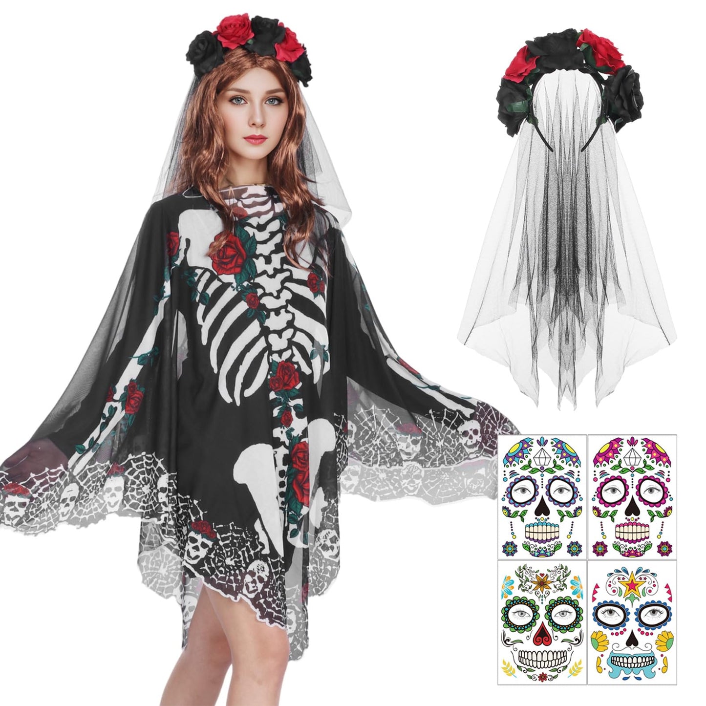Poncho Skelett HarnyLoom pentru femei, Halloween, cu voal din dantelă, ziua morților, mantou roz și negru, accesorii goth, tatuaje pentru față, carnaval, cosplay.
