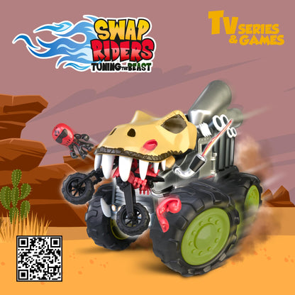 Swap Riders - Camion KRONO REX, Monster Truck, vehicul de curse, tematică dinosaur T-Rex, 1 figură exclusivă Rider, fichițe interschimbabile, pentru băieți și fete + 4 ani, Famosa (WAP00000)