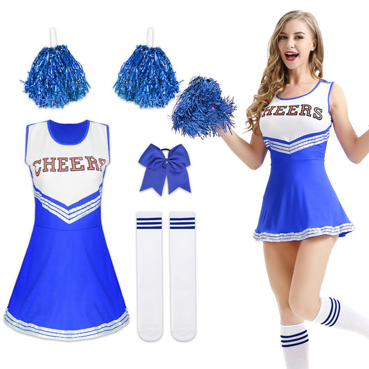 Costum de Cheerleader pentru Femei, Costum de Cheerleader cu Pomponi, Uniformă de Cheerleader, Costum de Halloween pentru Adulți pentru Cosplay pentru Fete (Albastru, XL)
