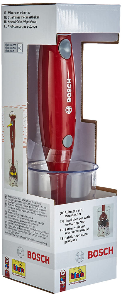 Mixer Bosch Theo Klein 9566, model sigur pentru copii, cu lame rotative simulate și cană de măsurare, dimensiuni: 4 cm x 4 cm x 25 cm, jucărie pentru copii de la 3 ani.