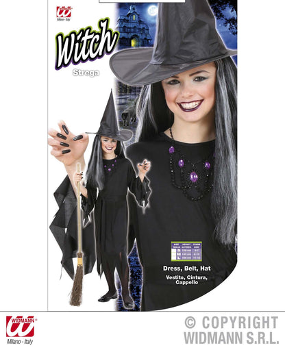 W WIDMANN Milano Party Fashion Costum de vrăjitoare rochie centură pălărie 100% poliester fete 8-10 ani (negru)
