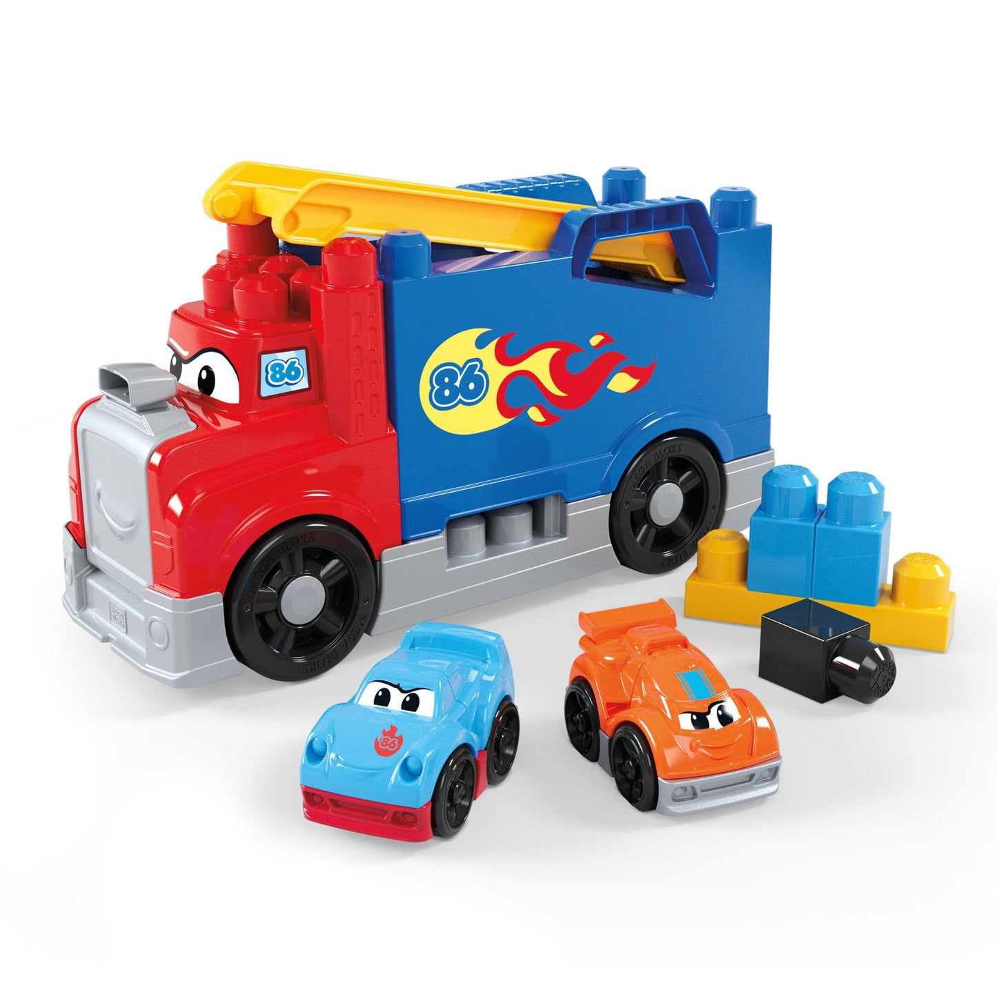 MEGA BLOKS JFR29 Set de construcție cu 19 piese Transportor mașini de curse pentru copii de la 1 an (multicolor)