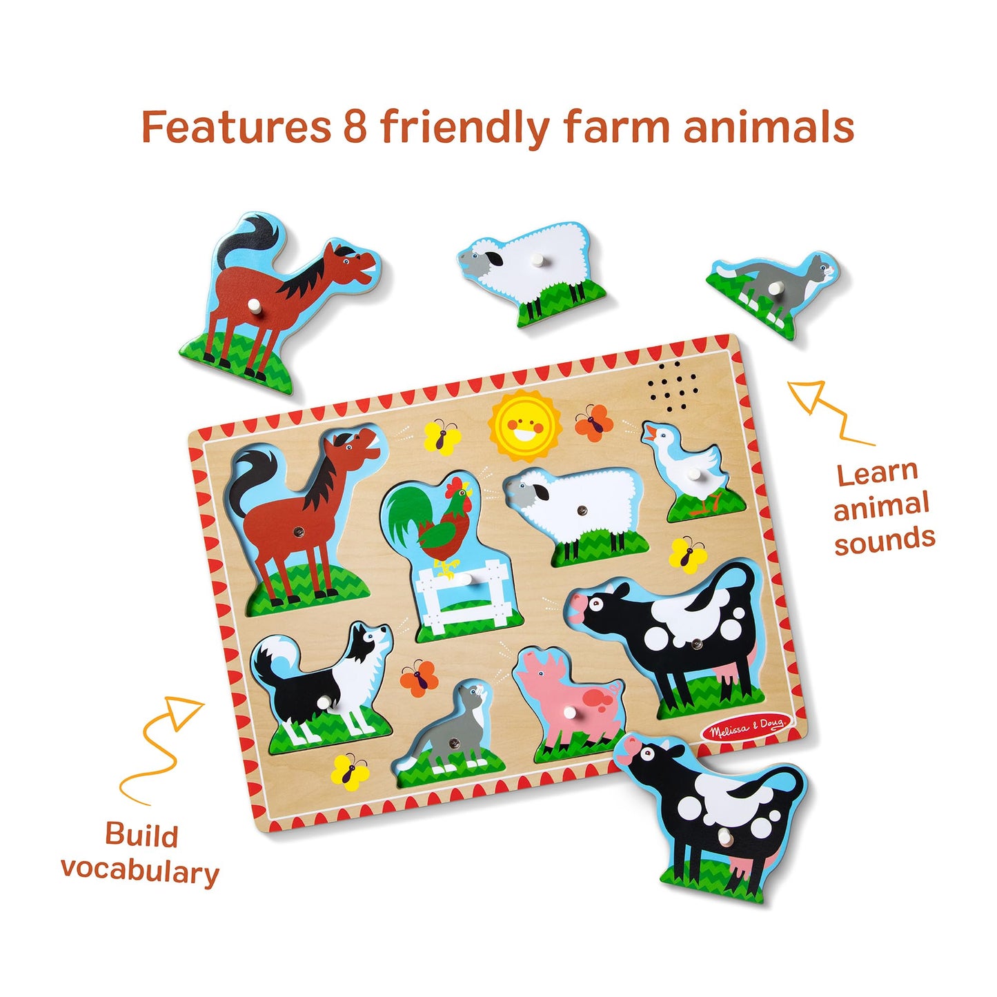 Melissa & Doug Puzzle sonor Animale de Fermă, 8 piese, 2+ ani