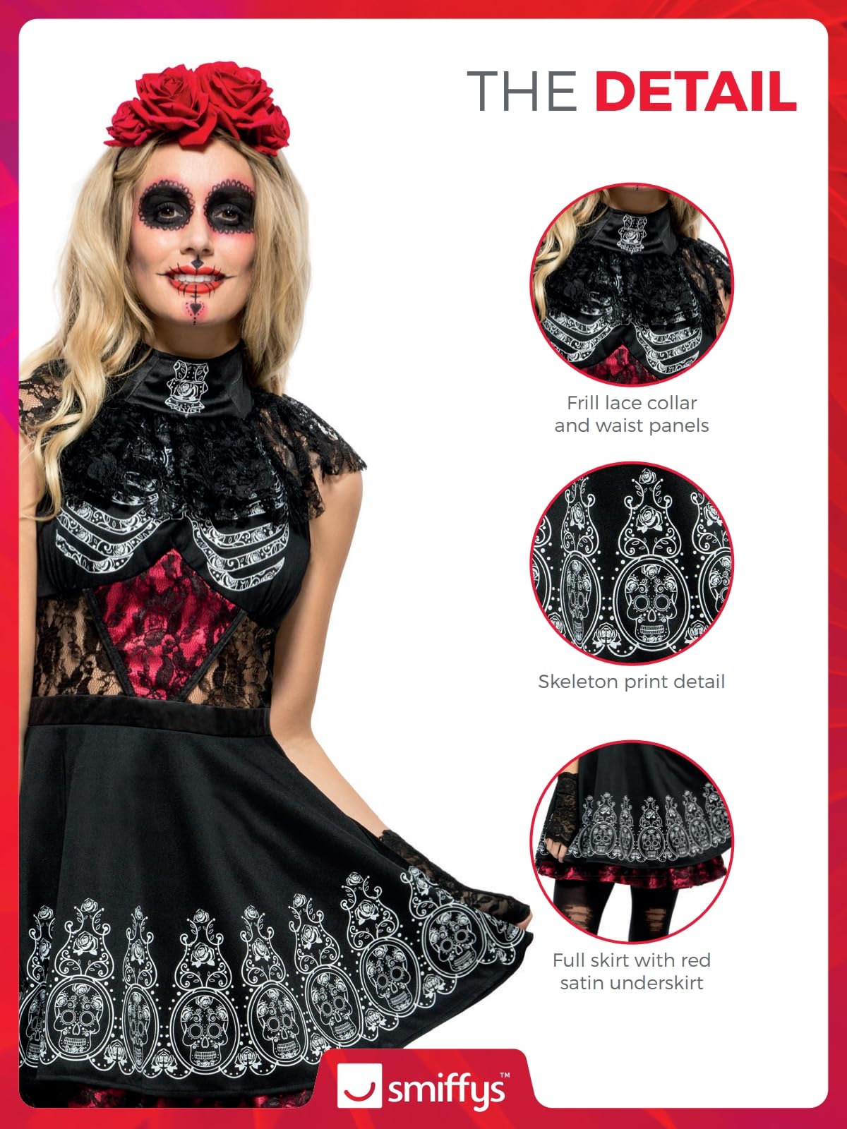 Smiffys Fever Costum Ziua Morților pentru Femei, Rochie cu Fustă Atașată și Bentita cu Trandafiri, Negru, M