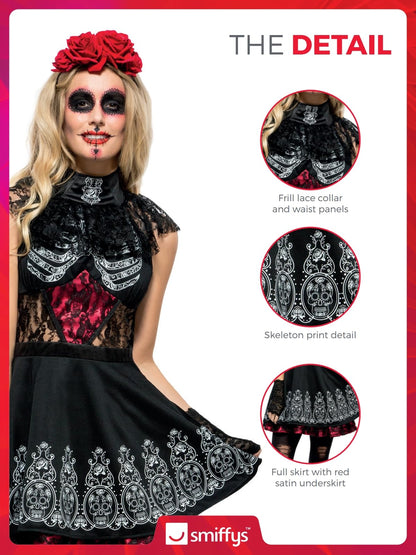 Smiffys Fever Costum Ziua Morților pentru Femei, Rochie cu Fustă Atașată și Bentita cu Trandafiri, Negru, M