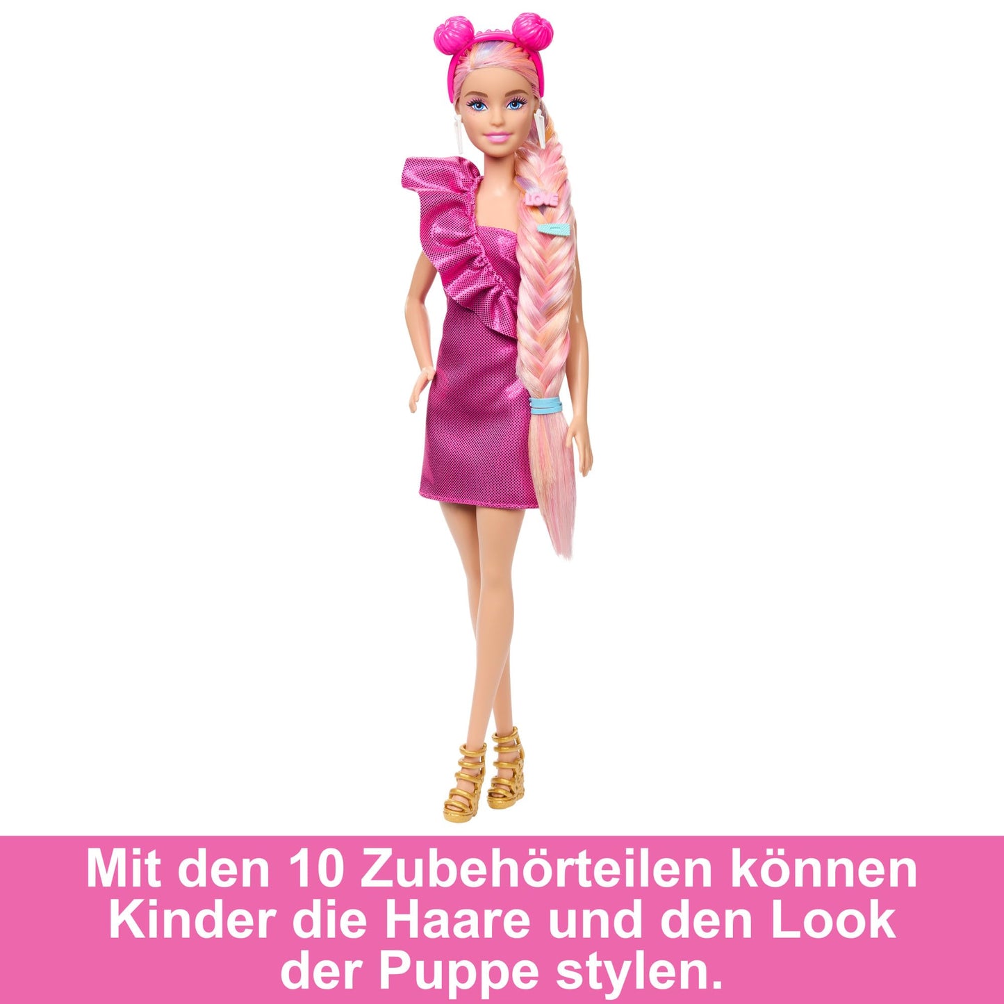 Barbie Fun & Fancy Hair Păpușă cu păr blond extralung colorat și rochie roz strălucitoare 3+ ani