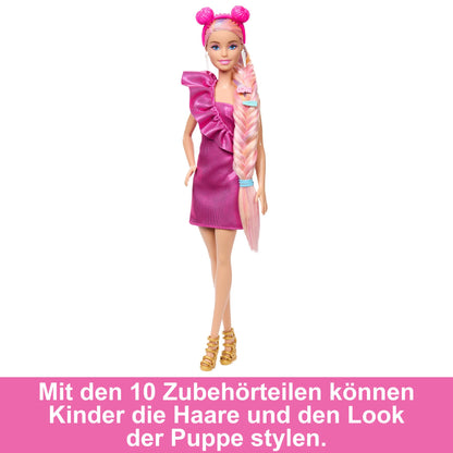 Barbie Fun & Fancy Hair Păpușă cu păr blond extralung colorat și rochie roz strălucitoare 3+ ani
