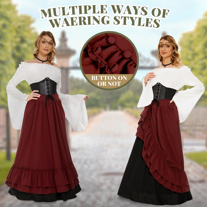 Costum medieval pentru femei FORMIZON, rochie victoriană din renaștere, accesorii medievale cu mâneci evazate și talie înaltă, rochie gotică retro Halloween (roșu și negru, M)
