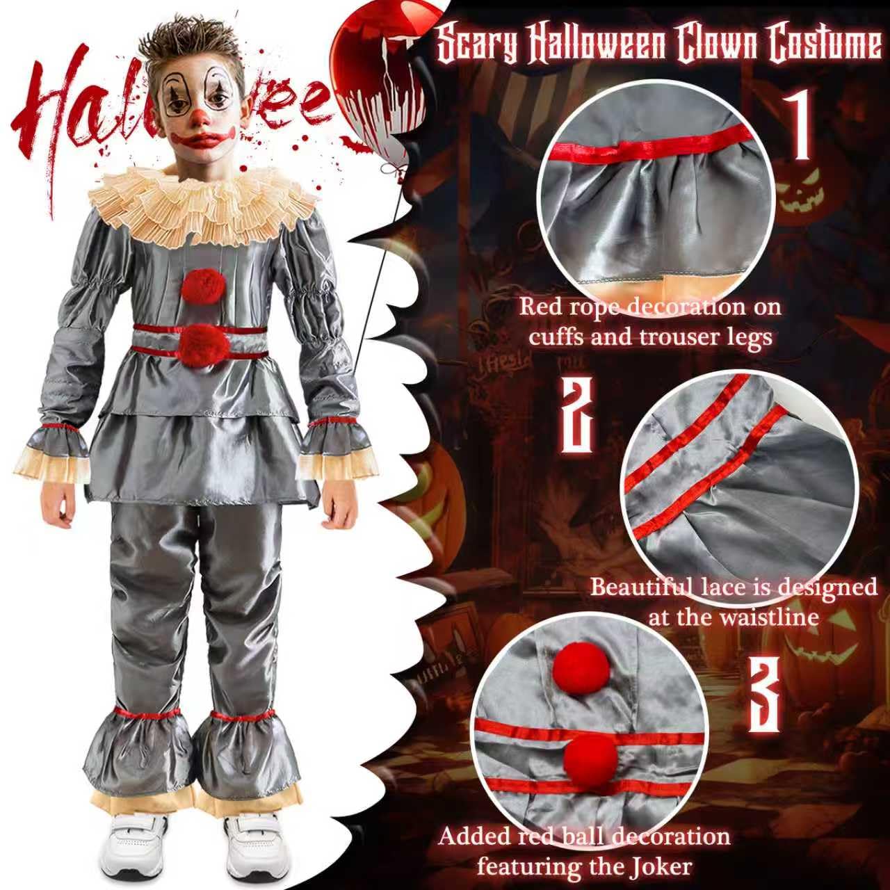 Costum de Halloween Clovn Pennywise pentru copii: Set costum clovn horror, outfit cosplay Pennywise din filmul de groază, îmbrăcăminte pentru petreceri de Halloween și carnaval.