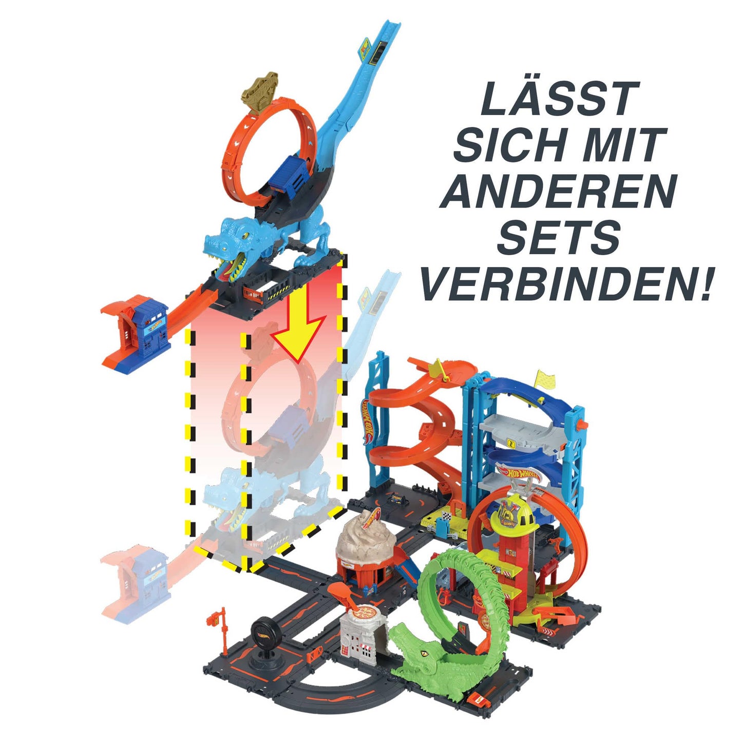 Pista Hot Wheels T-Rex Attack, joc de îndemânare prin timing și țintire precise, cu circuit cu looping, jucărie auto, pentru copii de la 4 ani, HNP77