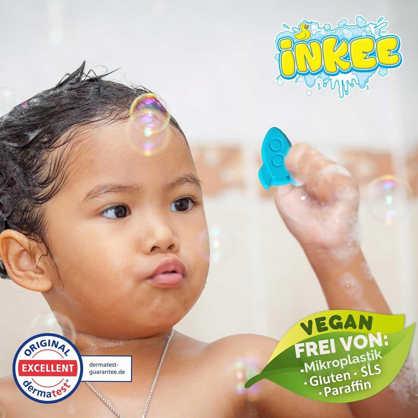 INKEE Bath Fizzer Mix Set de baie cu 4 bombe efervescente pentru copii cu ulei de migdale, 4x 20g cu arome, 4 culori, mirosuri și forme diferite