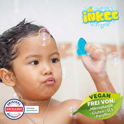 INKEE Bath Fizzer Mix Set de baie cu 4 bombe efervescente pentru copii cu ulei de migdale, 4x 20g cu arome, 4 culori, mirosuri și forme diferite