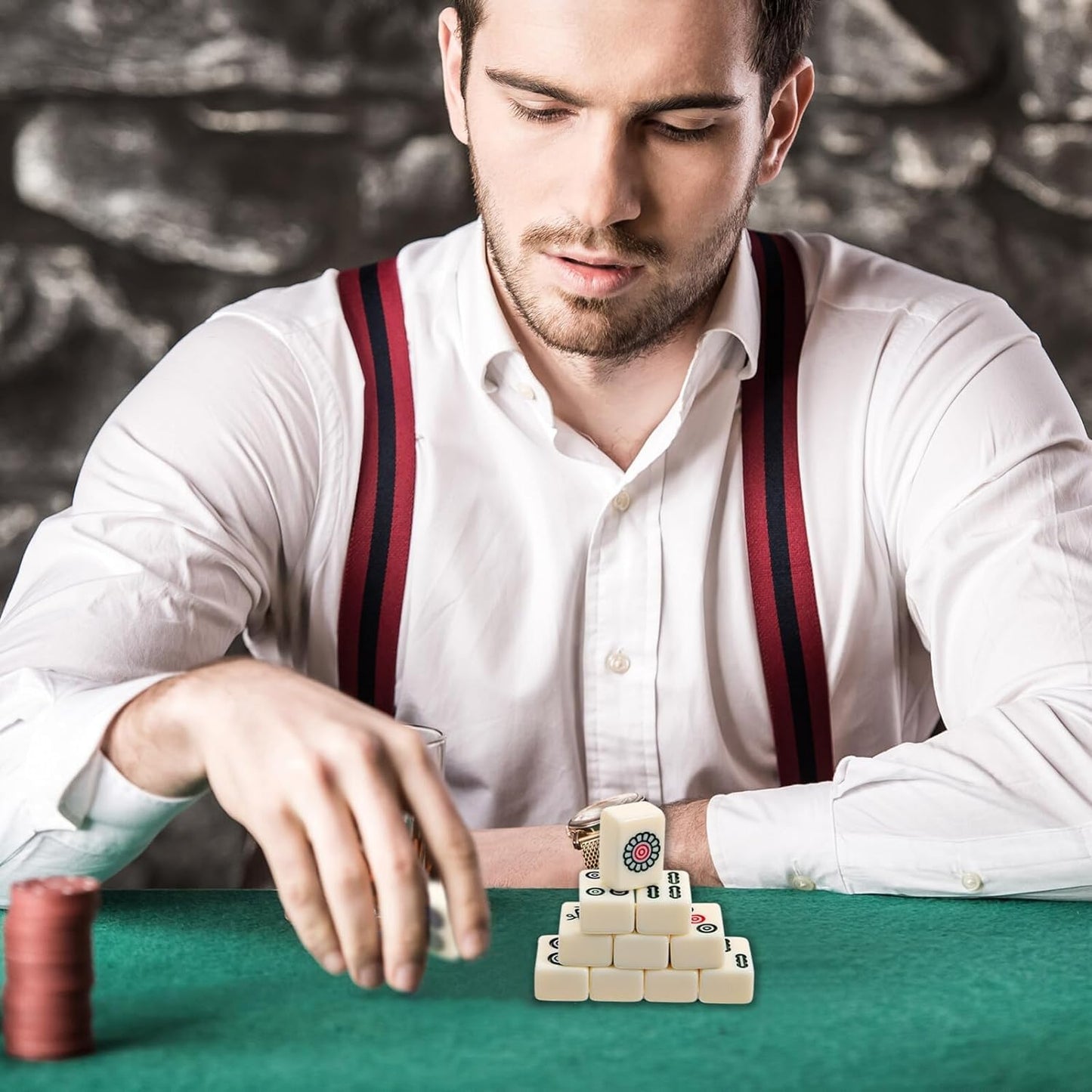 XUBX Set Mini Mahjong, 144 piese, cutie lemn