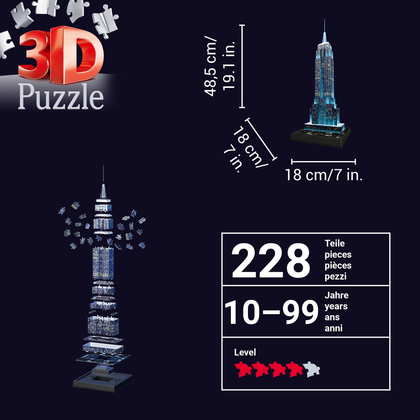 Ravensburger 3D Puzzle Empire State Building Set puzzle 216 piese cu LED de la 10 ani