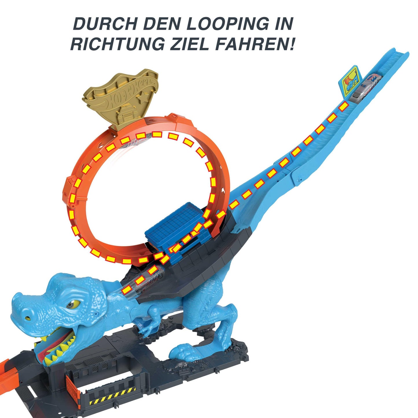 Pista Hot Wheels T-Rex Attack, joc de îndemânare prin timing și țintire precise, cu circuit cu looping, jucărie auto, pentru copii de la 4 ani, HNP77