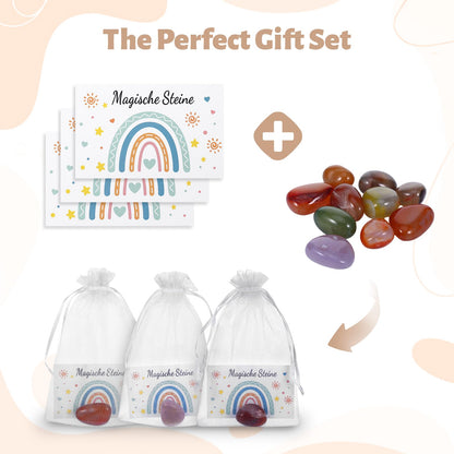 HweeWanX Set de pietre norocoase pentru copii 20 piese cu felicitări și săculeți din organza, cadou perfect pentru petrecerea copiilor