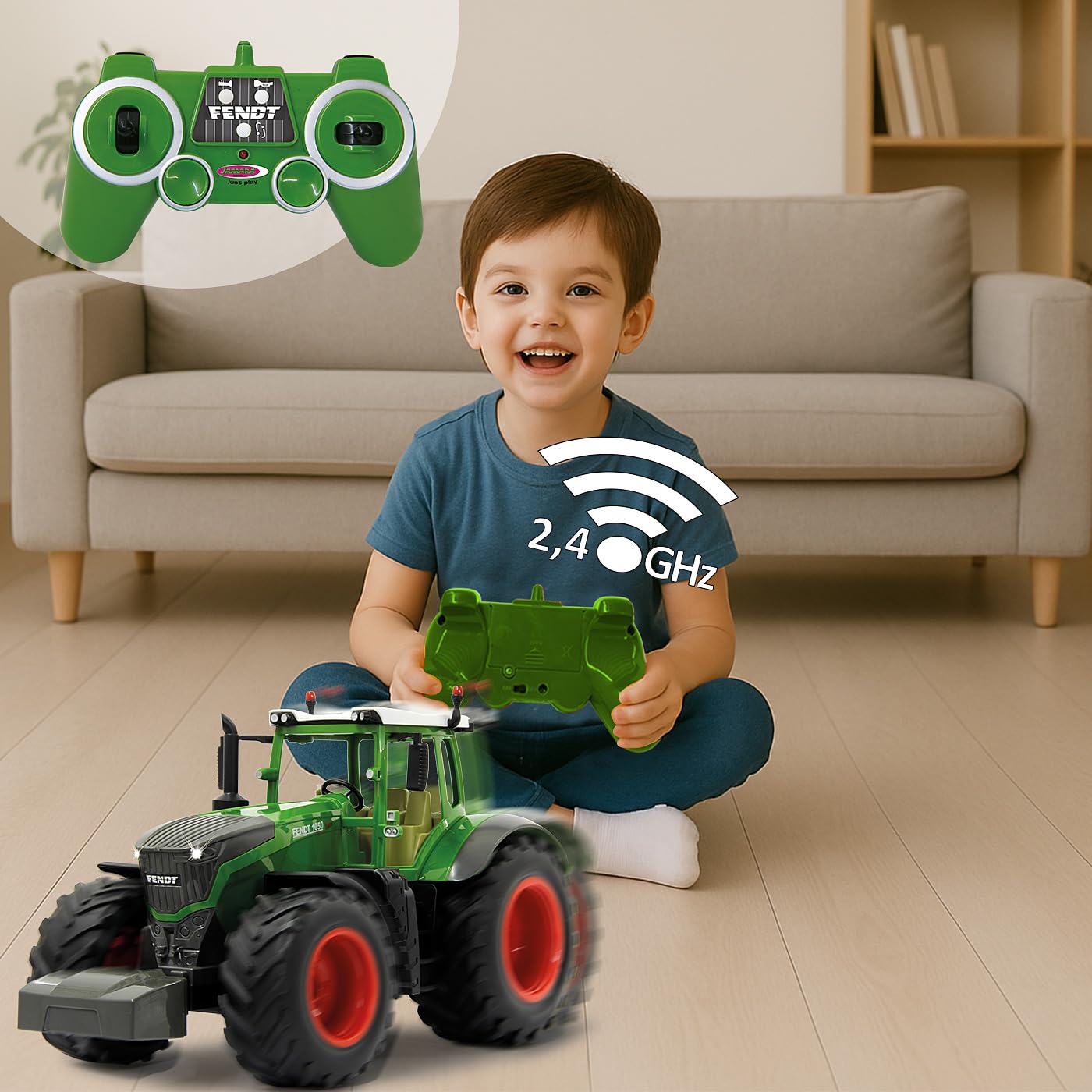 JAMARA 405035 Fendt 1050 Vario Tractor RC cu sunet motor, avertizare mers înapoi, claxon, funcție oprire, tracțiune pe 2 roți, anvelope din cauciuc, LED-uri frontale luminoase, semnalizatoare, funcție demo 3+ ani