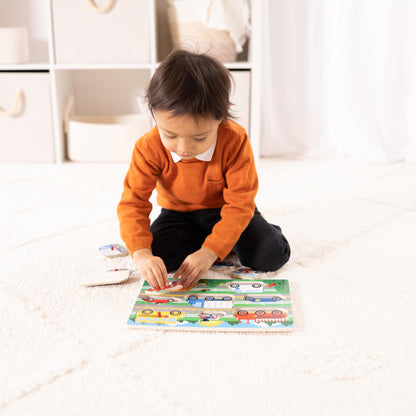 Puzzle din lemn cu vehicule Melissa & Doug – Jucărie interactivă pentru învățare, cadou educativ pentru copii de 2 ani și mai mari