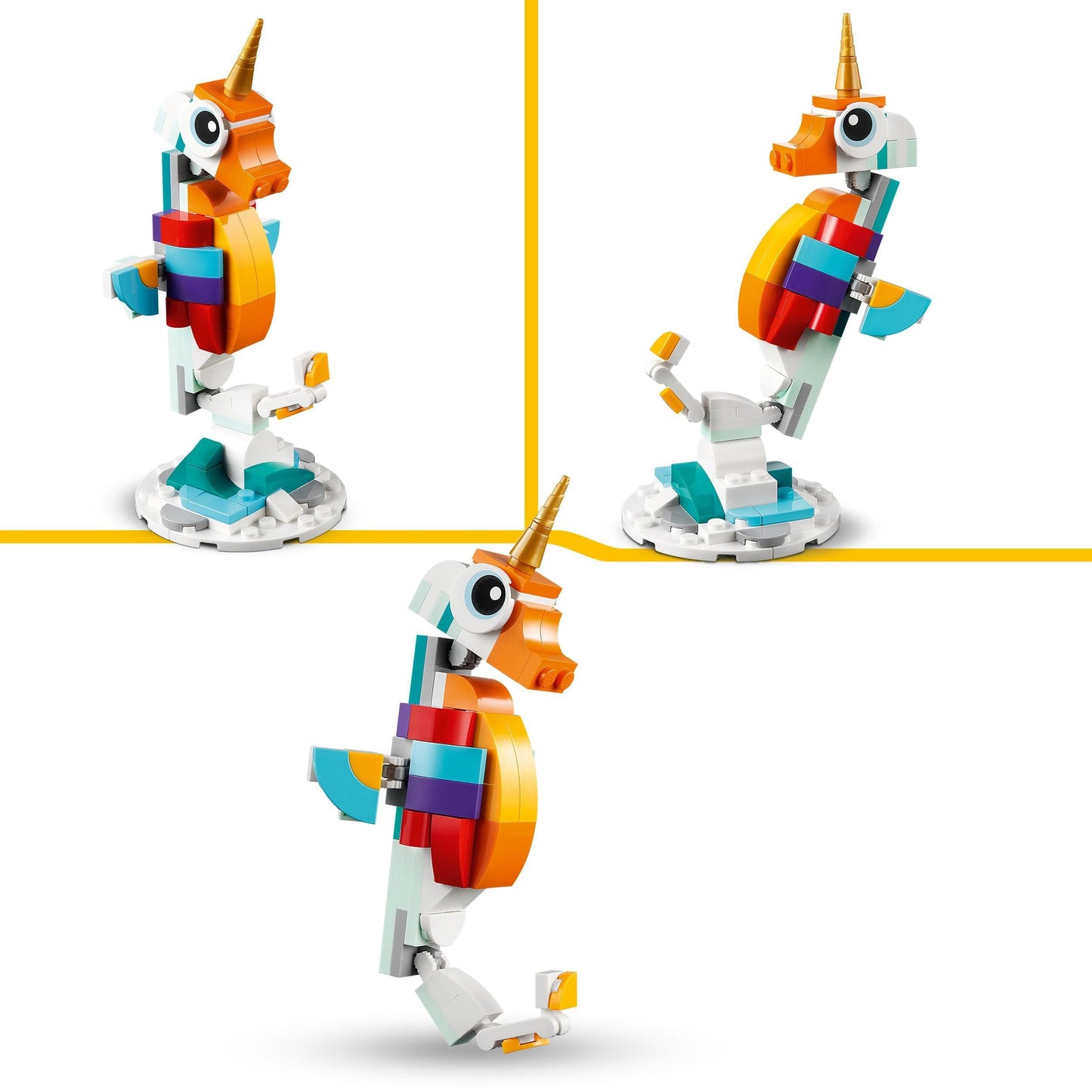 LEGO Creator 3-in-1 Unicorn Magic - Jucărie cu Minifigurine - Figurina de animal se transformă într-un Seahorse sau un Păun - 31140