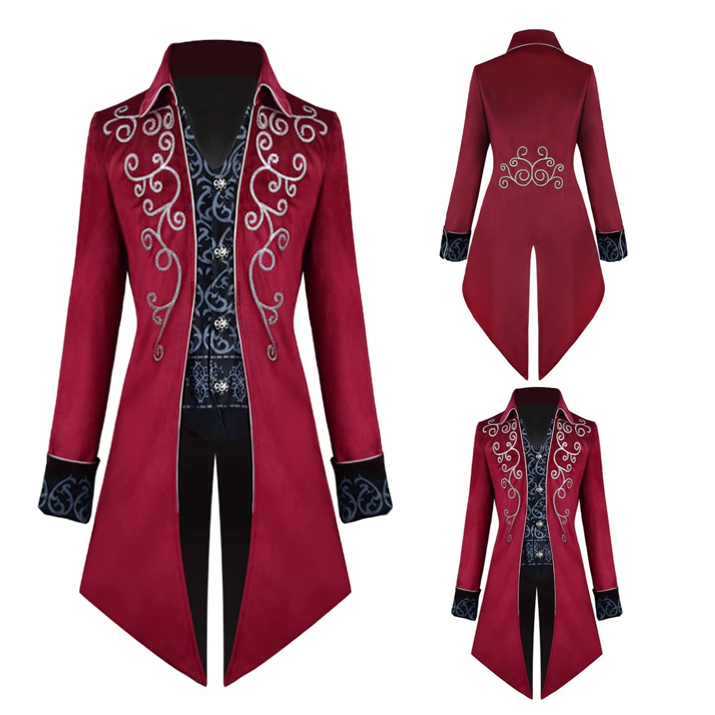Mantou Steampunk pentru bărbați TTOKGZG, Frack vintage gotic victorian, costum medieval de renaștere pentru cosplay de Halloween (Roșu, M)
