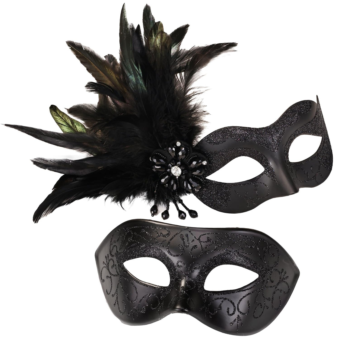 MYSEUNI Set de măști de carnaval pentru cupluri negre - Măști de carnaval pentru femei cu pene și mască venețiană pentru bărbați