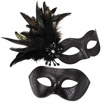 MYSEUNI Set de măști de carnaval pentru cupluri negre - Măști de carnaval pentru femei cu pene și mască venețiană pentru bărbați