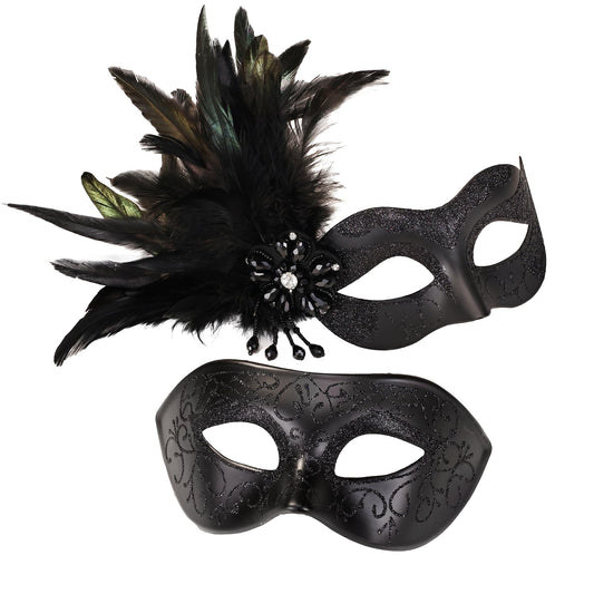 MYSEUNI Set de măști de carnaval pentru cupluri negre - Măști de carnaval pentru femei cu pene și mască venețiană pentru bărbați
