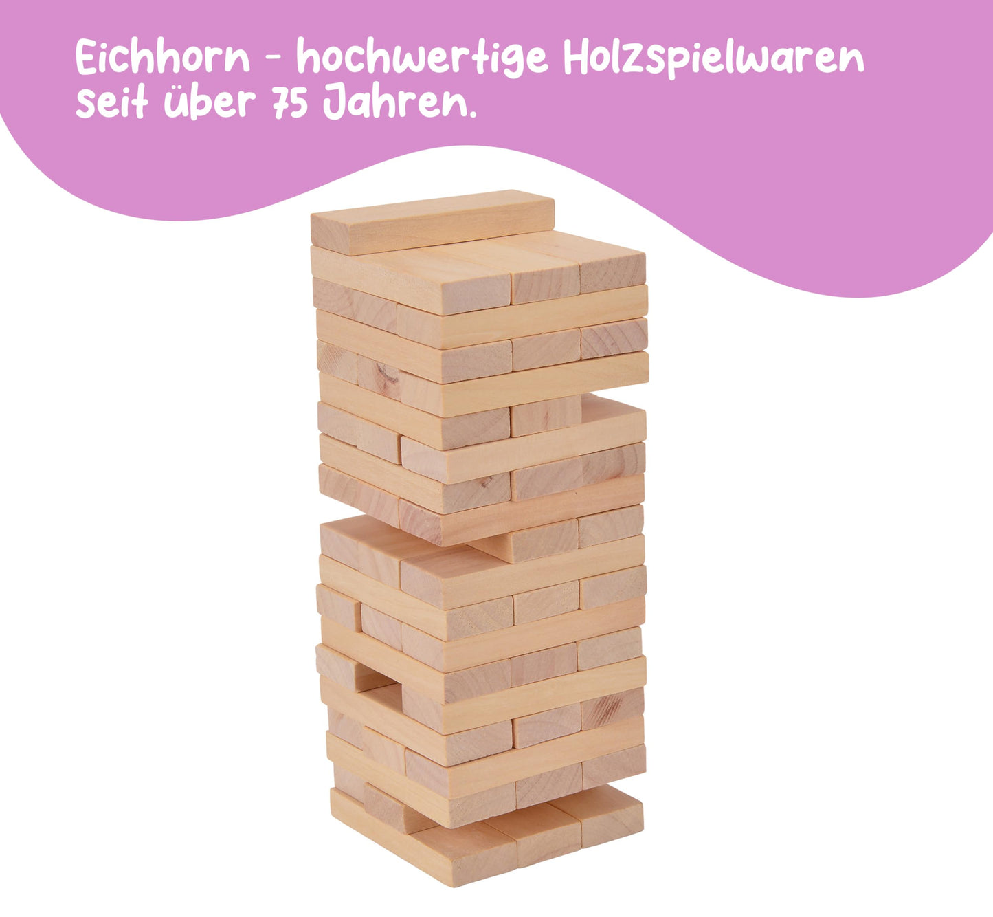 Eichhorn 100002466 Joc de echilibru pentru întreaga familie, Turn de echilibru din lemn netratat, 54 piese, recomandat de la 5 ani