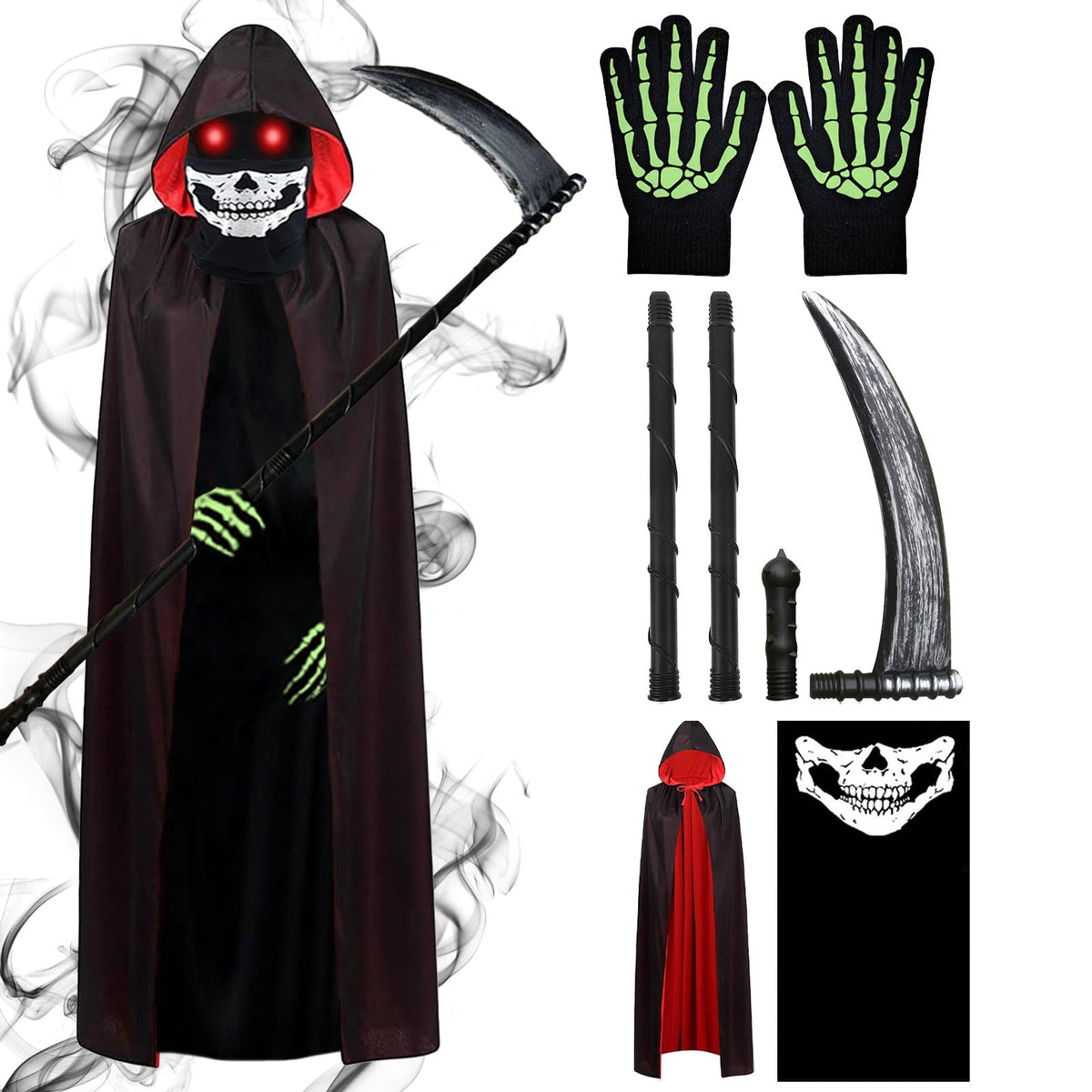 DaengGeGe Sensenmann Set Costume pentru Copii cu Pelerină și Glugă, 6-12 ani, Negru și Roșu