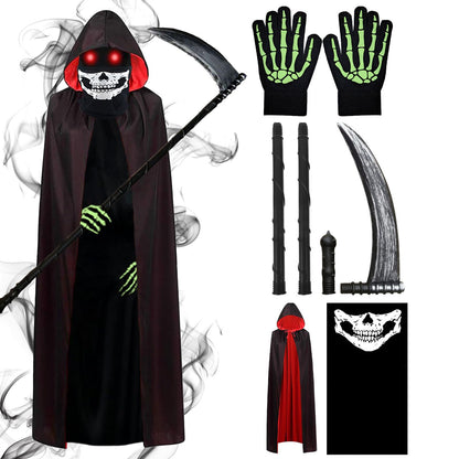 DaengGeGe Sensenmann Set Costume pentru Copii cu Pelerină și Glugă, 6-12 ani, Negru și Roșu