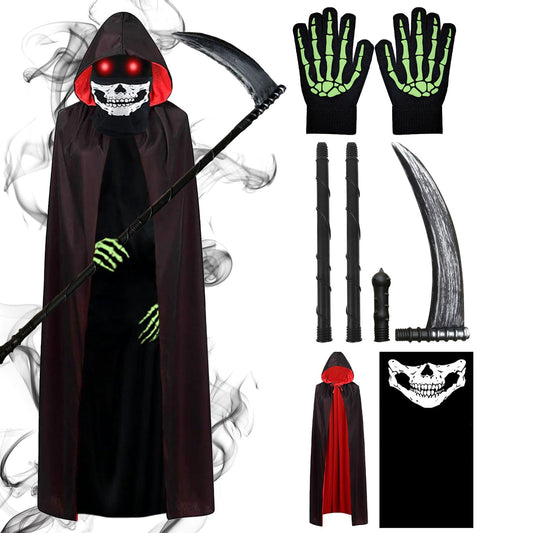 DaengGeGe Sensenmann Set Costume pentru Copii cu Pelerină și Glugă, 6-12 ani, Negru și Roșu