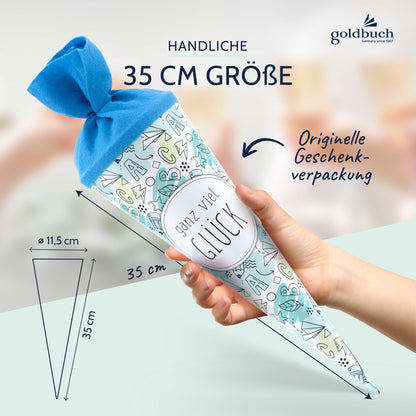 goldbuch 93 216 Set de ambalaj cadou pentru școală cu model schițe, carton lacuit albastru, închidere din fetru albastru, 35 cm