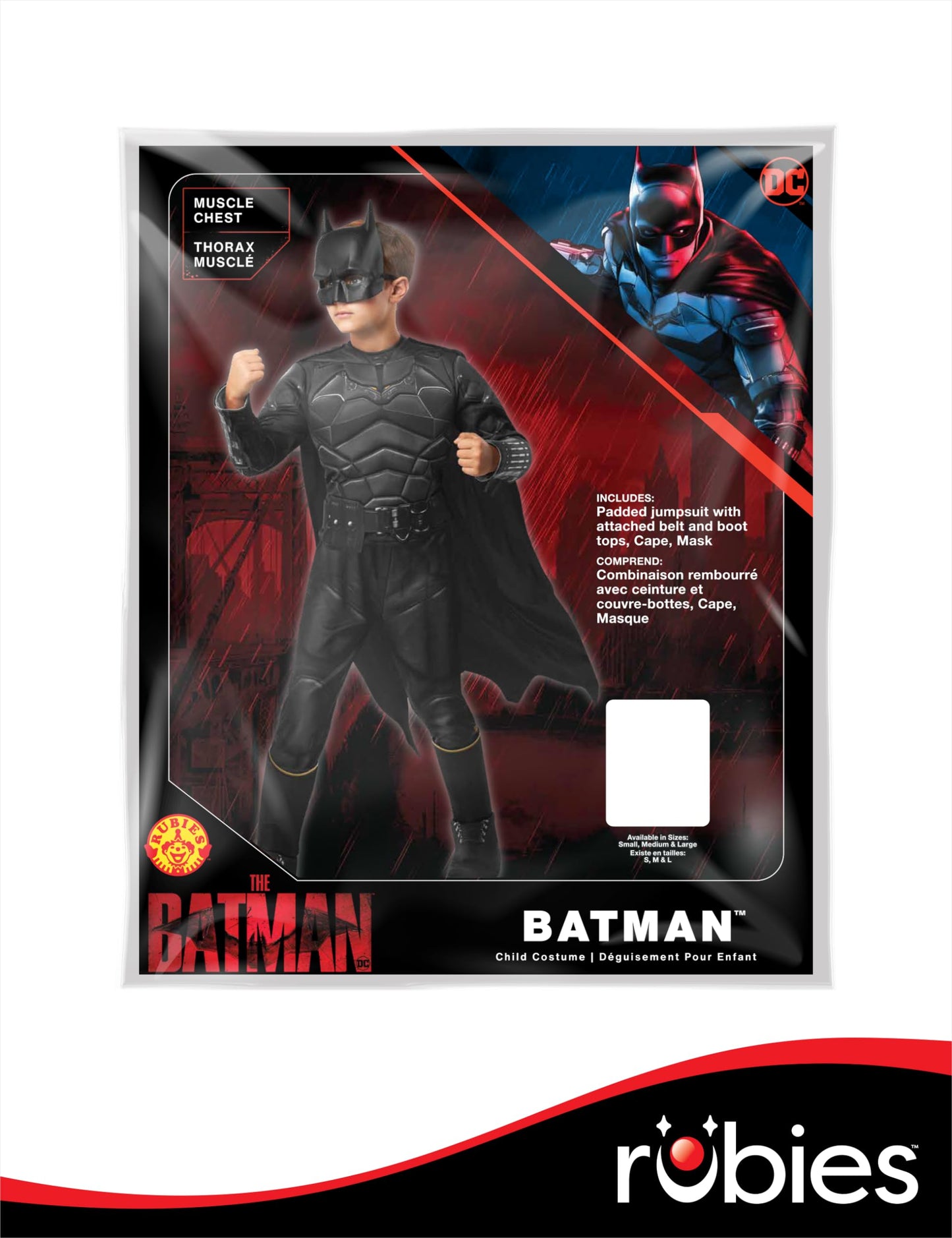 Costum Deluxe Batman pentru băieți, cu piept muscular, oficial din filmul The Batman, de culoare neagră, cu capa detașabilă și mască, ideal pentru Halloween, Crăciun, carnaval și petreceri de naștere.- Rubies