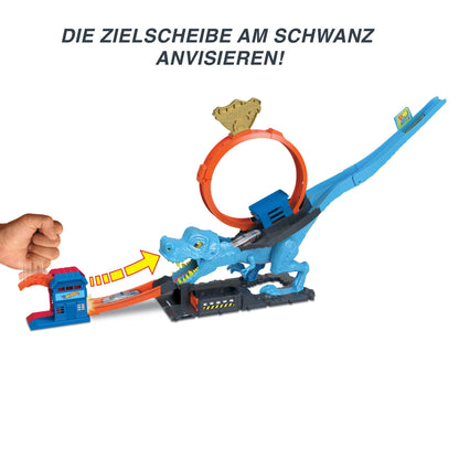 Pista Hot Wheels T-Rex Attack, joc de îndemânare prin timing și țintire precise, cu circuit cu looping, jucărie auto, pentru copii de la 4 ani, HNP77