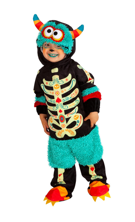 Costum de monstrulet Catrina pentru băieți și fete, mărimea bebeluș 1-2 ani, salopetă cu velcro, căciuliță cu ochi mari pentru Halloween, Carnaval, petreceri și cosplay.