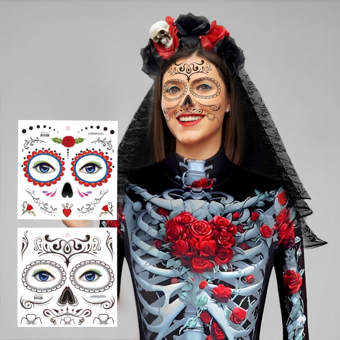 Ycaaeo Costum Schelet Halloween cu Trandafir