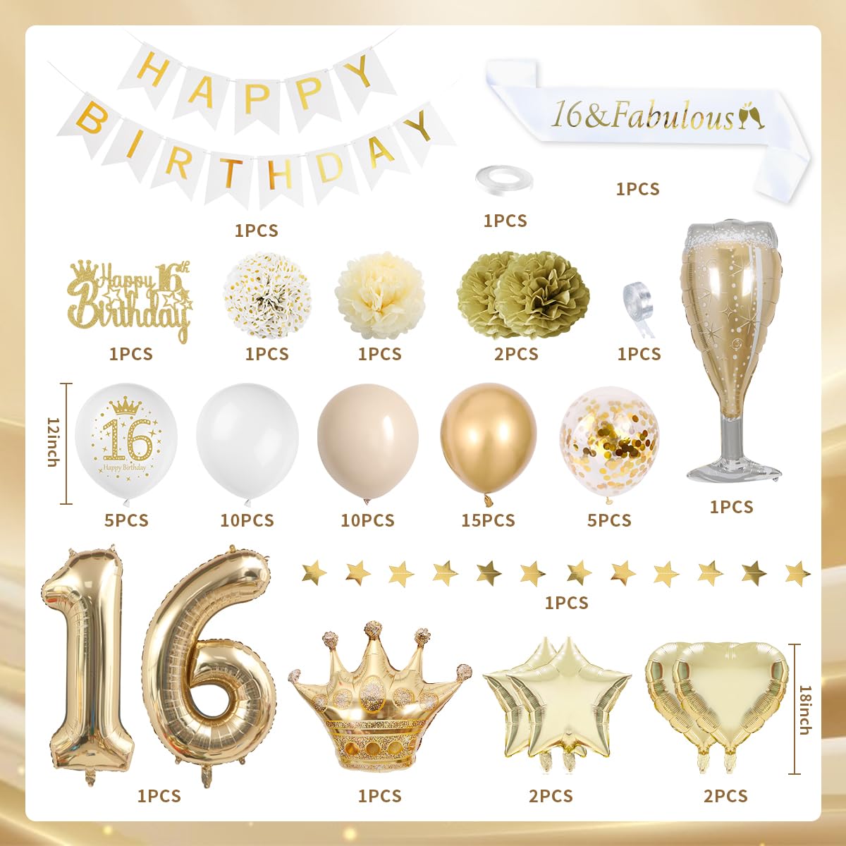KISPATTI Set decoratiuni aniversare 16 ani, 62 buc