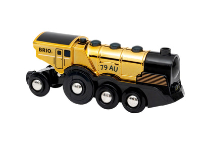 BRIO World 33630 Locomotivă cu baterii aurie cu lumină și sunet cu funcție de decuplare pentru utilizare ca locomotivă de împins recomandată de la 3 ani