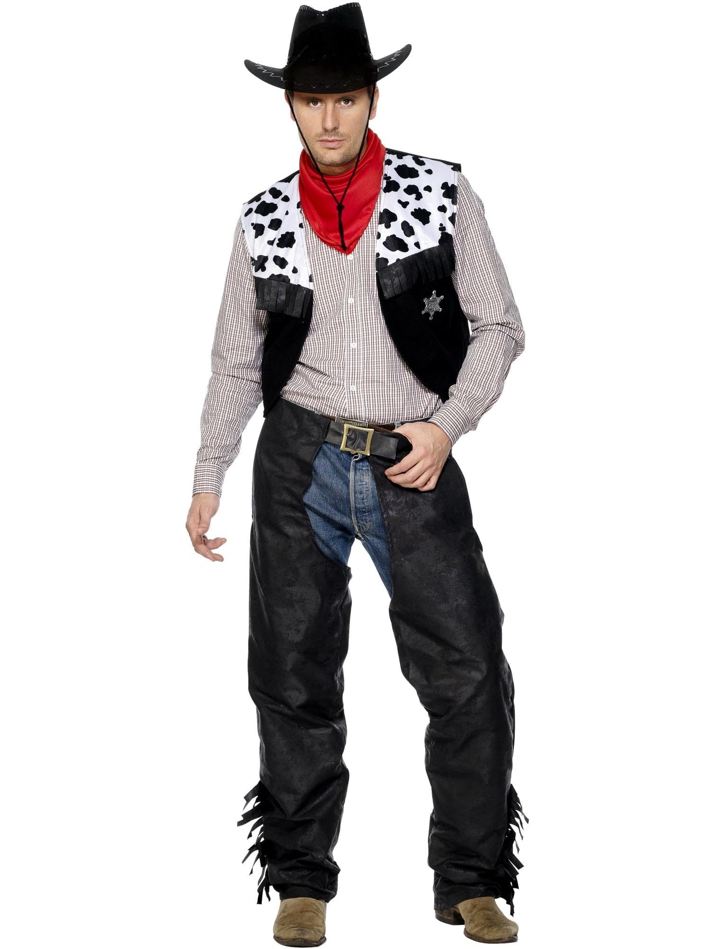 Costum de cowboy Smiffys, negru, cu chaps, vestă, curea și batic.